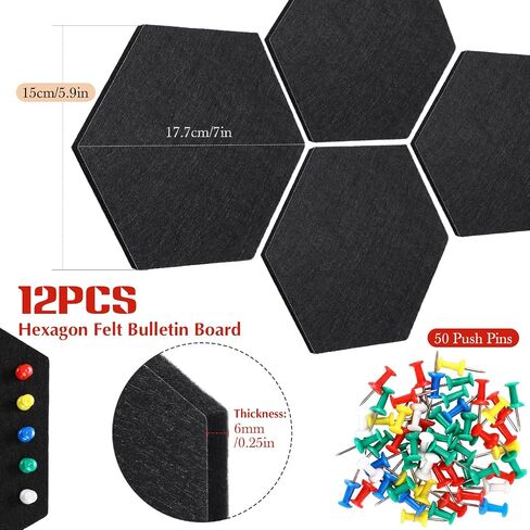 Ctosree 12 Pcs 5.9 x 7 Inch Felt Bulletin Board Tiles Hexagon Felt Pin Boards Cork Board Strip Self Adhesive Backing with 50 Push Pins for Pictures Photos Memos Office School Rv Decor (Black) in Saudi Arabia