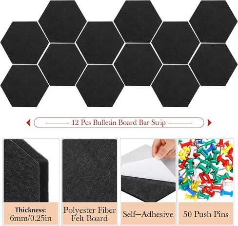 Ctosree 12 Pcs 5.9 x 7 Inch Felt Bulletin Board Tiles Hexagon Felt Pin Boards Cork Board Strip Self Adhesive Backing with 50 Push Pins for Pictures Photos Memos Office School Rv Decor (Black) in Saudi Arabia