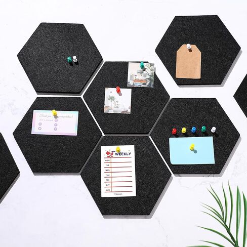 Ctosree 12 Pcs 5.9 x 7 Inch Felt Bulletin Board Tiles Hexagon Felt Pin Boards Cork Board Strip Self Adhesive Backing with 50 Push Pins for Pictures Photos Memos Office School Rv Decor (Black) in Saudi Arabia