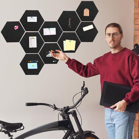Ctosree 12 Pcs 5.9 x 7 Inch Felt Bulletin Board Tiles Hexagon Felt Pin Boards Cork Board Strip Self Adhesive Backing with 50 Push Pins for Pictures Photos Memos Office School Rv Decor (Black) in Saudi Arabia