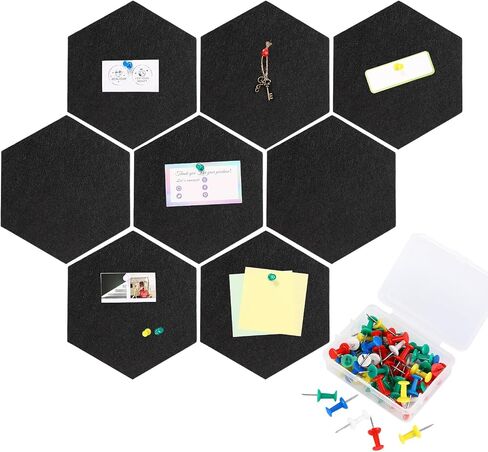 Ctosree 12 Pcs 5.9 x 7 Inch Felt Bulletin Board Tiles Hexagon Felt Pin Boards Cork Board Strip Self Adhesive Backing with 50 Push Pins for Pictures Photos Memos Office School Rv Decor (Black) in Saudi Arabia