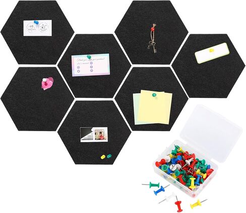 Ctosree 12 Pcs 5.9 x 7 Inch Felt Bulletin Board Tiles Hexagon Felt Pin Boards Cork Board Strip Self Adhesive Backing with 50 Push Pins for Pictures Photos Memos Office School Rv Decor (Black) in Saudi Arabia