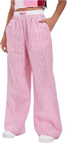 Verdusa Women's Striped Elastic High Waist Loose Wide Leg Pants with Pockets in Saudi Arabia