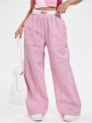 Verdusa Women's Striped Elastic High Waist Loose Wide Leg Pants with Pockets in Saudi Arabia
