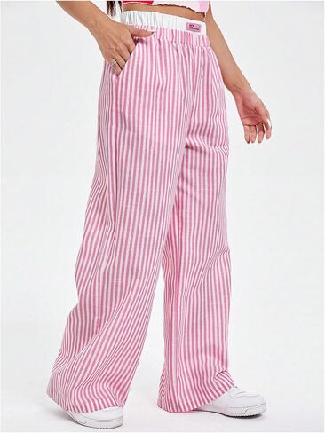 Verdusa Women's Striped Elastic High Waist Loose Wide Leg Pants with Pockets in Saudi Arabia