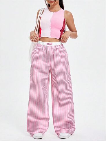 Verdusa Women's Striped Elastic High Waist Loose Wide Leg Pants with Pockets in Saudi Arabia