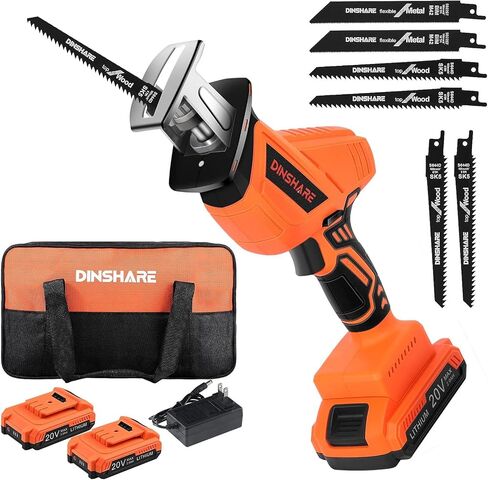 DINSHARE 20V Cordless Reciprocating Saw, 0-3500 SPM, 2 Packs Batteries, Updated, Tool-Free Blade Change, LED Light Power Reciprocating Saws, Includes 6 Saw Blades Kit for Wood/Metal/PVC Cutting in Saudi Arabia