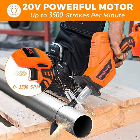 DINSHARE 20V Cordless Reciprocating Saw, 0-3500 SPM, 2 Packs Batteries, Updated, Tool-Free Blade Change, LED Light Power Reciprocating Saws, Includes 6 Saw Blades Kit for Wood/Metal/PVC Cutting in Saudi Arabia