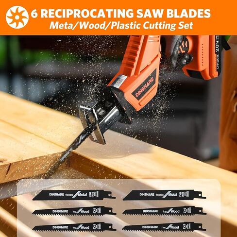 DINSHARE 20V Cordless Reciprocating Saw, 0-3500 SPM, 2 Packs Batteries, Updated, Tool-Free Blade Change, LED Light Power Reciprocating Saws, Includes 6 Saw Blades Kit for Wood/Metal/PVC Cutting in Saudi Arabia