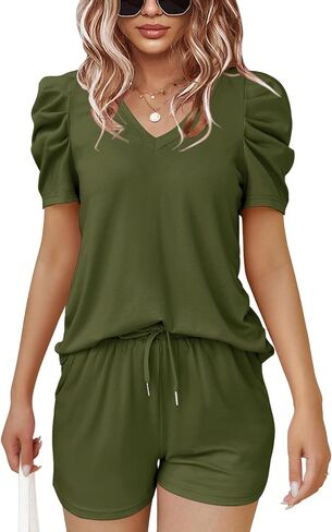 Onedreamer Women's Summer 2 Piece Outfits Casual Puff Short Sleeve V Neck Tops and Drawstring Shorts Lounge Set in Saudi Arabia