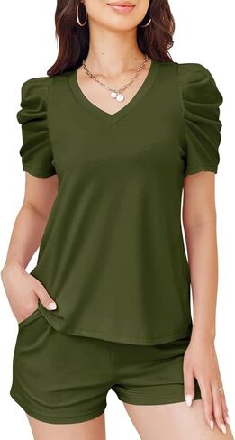 Onedreamer Women's Summer 2 Piece Outfits Casual Puff Short Sleeve V Neck Tops and Drawstring Shorts Lounge Set in Saudi Arabia