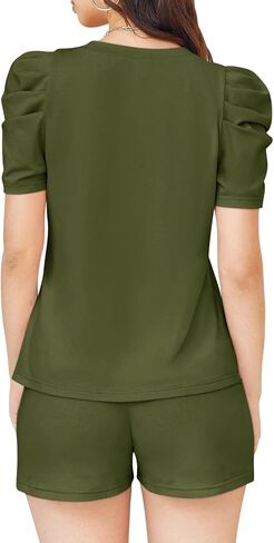 Onedreamer Women's Summer 2 Piece Outfits Casual Puff Short Sleeve V Neck Tops and Drawstring Shorts Lounge Set in Saudi Arabia