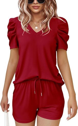 Onedreamer Women's Summer 2 Piece Outfits Casual Puff Short Sleeve V Neck Tops and Drawstring Shorts Lounge Set in Saudi Arabia