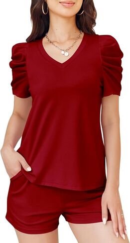 Onedreamer Women's Summer 2 Piece Outfits Casual Puff Short Sleeve V Neck Tops and Drawstring Shorts Lounge Set in Saudi Arabia