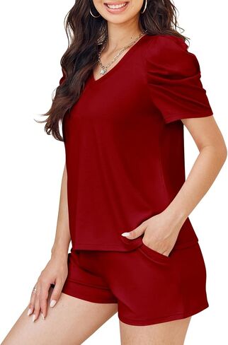 Onedreamer Women's Summer 2 Piece Outfits Casual Puff Short Sleeve V Neck Tops and Drawstring Shorts Lounge Set in Saudi Arabia