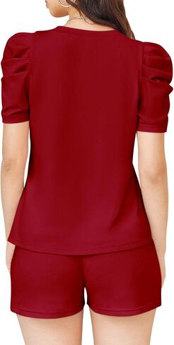 Onedreamer Women's Summer 2 Piece Outfits Casual Puff Short Sleeve V Neck Tops and Drawstring Shorts Lounge Set in Saudi Arabia