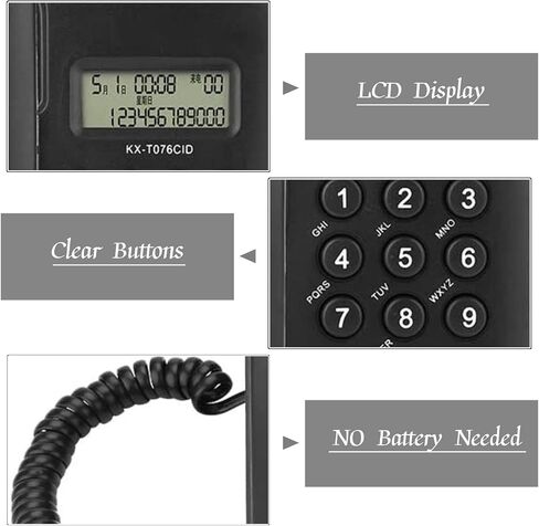 Yoidesu KX-T076 هاتف سلكي هاتف أرضي مع معرف المتصل، هاتف منزلي سلكي مثبت على الحائط هاتف سلكي مثبت على سطح المكتب هاتف أرضي للمنزل والفندق (أسود) in Kuwait