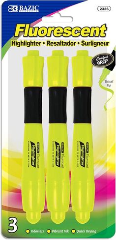 BAZIC Highlighter Yellow Color Desk Style, Soft Grip Chisel Tip Broad Fine Line Highlighters, Unscented Coloring Marker (3/Pack), 1-Pack in Saudi Arabia