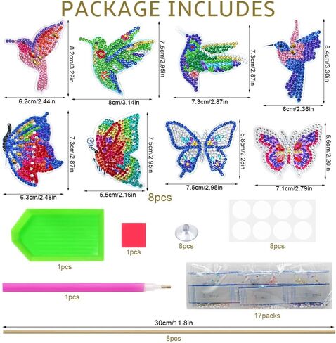 مجموعة طلاء فني ماسي من FineGood مكونة من 8 قطع، لوحات فنية ماسية على شكل فراشة الطيور لديكور ساحة الحديقة، مجموعات فنية ماسية ذاتية الصنع للبالغين in Kuwait