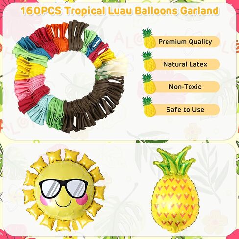 Amandir 160Pcs Tropical Hawaiian Balloon Arch Garland Kit Luau Party Decorations with Palm Tree Aloha Pineapple Coconut Foil Balloon Green Hot Pink Balloon for Summer Beach Birthday Party Decorations in Saudi Arabia