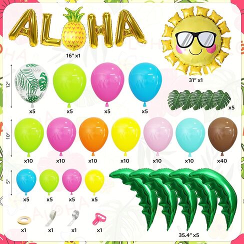 Amandir 160Pcs Tropical Hawaiian Balloon Arch Garland Kit Luau Party Decorations with Palm Tree Aloha Pineapple Coconut Foil Balloon Green Hot Pink Balloon for Summer Beach Birthday Party Decorations in Saudi Arabia