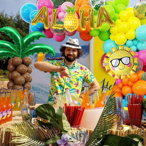 Amandir 160Pcs Tropical Hawaiian Balloon Arch Garland Kit Luau Party Decorations with Palm Tree Aloha Pineapple Coconut Foil Balloon Green Hot Pink Balloon for Summer Beach Birthday Party Decorations in Saudi Arabia