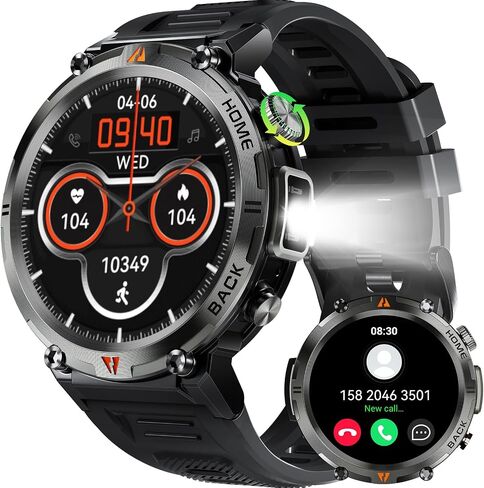 Military Smart Watches for Men with LED Flashlight, Outdoor Tactical Rugged Smart Watch with 1.45" HD Touch Screen, Fitness Sport Activity Tracker with Heart rate Monitor Compatible with iOS & Android in Saudi Arabia