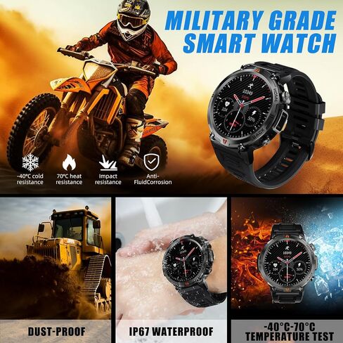 Military Smart Watches for Men with LED Flashlight, Outdoor Tactical Rugged Smart Watch with 1.45" HD Touch Screen, Fitness Sport Activity Tracker with Heart rate Monitor Compatible with iOS & Android in Saudi Arabia