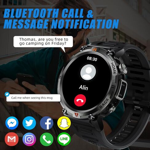 Military Smart Watches for Men with LED Flashlight, Outdoor Tactical Rugged Smart Watch with 1.45" HD Touch Screen, Fitness Sport Activity Tracker with Heart rate Monitor Compatible with iOS & Android in Saudi Arabia