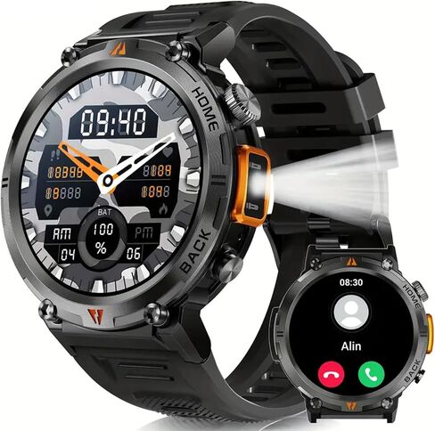 Military Smart Watches for Men with LED Flashlight, Outdoor Tactical Rugged Smart Watch with 1.45" HD Touch Screen, Fitness Sport Activity Tracker with Heart rate Monitor Compatible with iOS & Android in Saudi Arabia