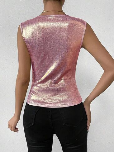 قمصان بدون أكمام للسيدات من SweatyRocks ذات لف معدني ورقبة على شكل حرف V بدون أكمام للحفلات المكشكشة in Kuwait