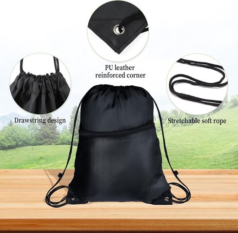 Drawstring Gym Backpacks String Gym Bag Sports Waterproof Canvas Bag Yoga Travel Black Backpack for Men Women Large Size with Zipper Pockets (Black) in Saudi Arabia