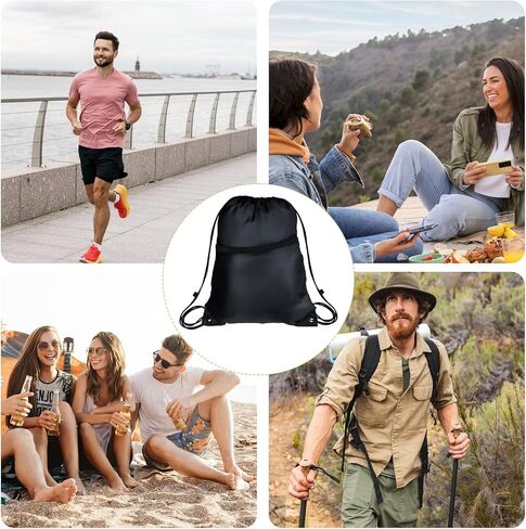 Drawstring Gym Backpacks String Gym Bag Sports Waterproof Canvas Bag Yoga Travel Black Backpack for Men Women Large Size with Zipper Pockets (Black) in Saudi Arabia
