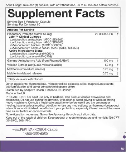 Peptiva 26 Billion CFU Probiotic and Sleep Support - Clinically Validated Multi-Strain Probiotic - Lactobacillus and Bifidobacterium, Melatonin in Kuwait
