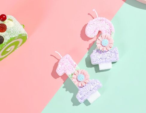 Number 1 Candle with 3D Pink Daisy and Sweet Pastel Color-Blocked Sequins 1 Birthday Candle for Anniversary or Girls 1-Year-Old Happy 1st Macaron Birthday Party Cake Decorations in Kuwait