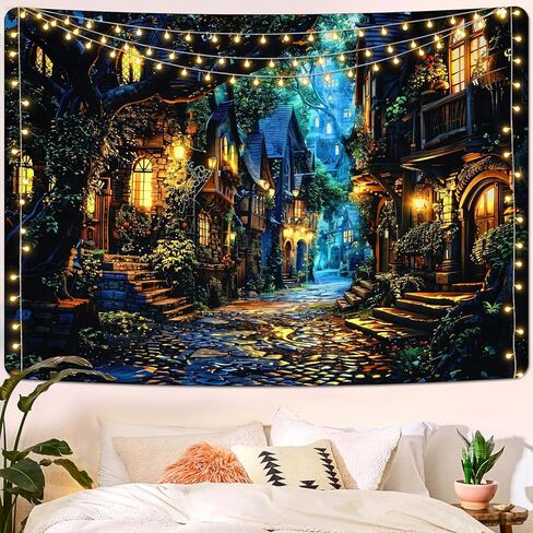 نسيج Invoibler العتيق، نسيج الشارع المريح، مشهد ليلي، نسيج دافئ، قلعة البيت القديم، نسيج شجرة الخيال، نسيج المناظر الطبيعية الرجعية (51.2 × 59.1 بوصة) in Kuwait