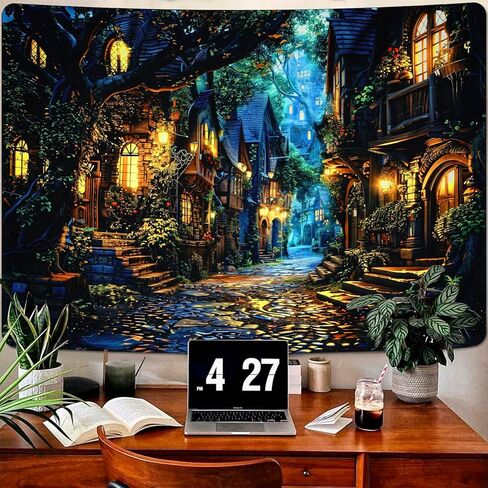 نسيج Invoibler العتيق، نسيج الشارع المريح، مشهد ليلي، نسيج دافئ، قلعة البيت القديم، نسيج شجرة الخيال، نسيج المناظر الطبيعية الرجعية (51.2 × 59.1 بوصة) in Kuwait