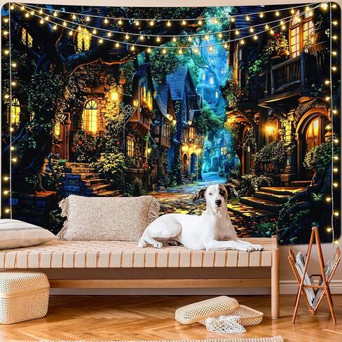 نسيج Invoibler العتيق، نسيج الشارع المريح، مشهد ليلي، نسيج دافئ، قلعة البيت القديم، نسيج شجرة الخيال، نسيج المناظر الطبيعية الرجعية (51.2 × 59.1 بوصة) in Kuwait