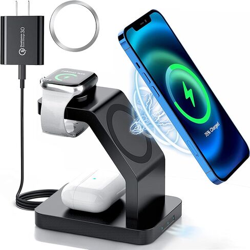 3 in 1 Wireless Charging Station Compatible for Magsafe Fast Magnetic Charging Stand Compatible with iPhone 14/13, 14/13 Pro, 14/13 Pro Max, 13/12 Mini, AirPods Pro/AirPods 2 iwatch in Saudi Arabia