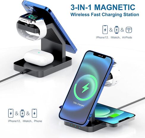 3 in 1 Wireless Charging Station Compatible for Magsafe Fast Magnetic Charging Stand Compatible with iPhone 14/13, 14/13 Pro, 14/13 Pro Max, 13/12 Mini, AirPods Pro/AirPods 2 iwatch in Saudi Arabia