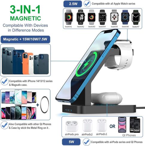 3 in 1 Wireless Charging Station Compatible for Magsafe Fast Magnetic Charging Stand Compatible with iPhone 14/13, 14/13 Pro, 14/13 Pro Max, 13/12 Mini, AirPods Pro/AirPods 2 iwatch in Saudi Arabia
