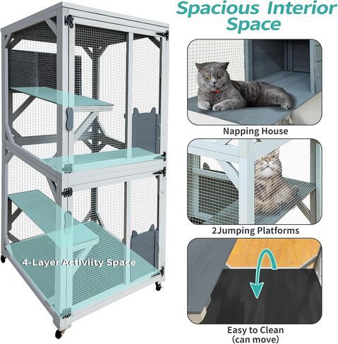 72 Inch Wooden Catio Outdoor Cat Enclosure w/ 2 Napping Houses, Luxury Kitty-House with 7 Jumping Platforms & Weatherproof Asphalt Roof, Walk-in Kitty Kennel Condo Shelter in Saudi Arabia