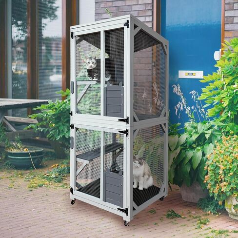 72 Inch Wooden Catio Outdoor Cat Enclosure w/ 2 Napping Houses, Luxury Kitty-House with 7 Jumping Platforms & Weatherproof Asphalt Roof, Walk-in Kitty Kennel Condo Shelter in Saudi Arabia