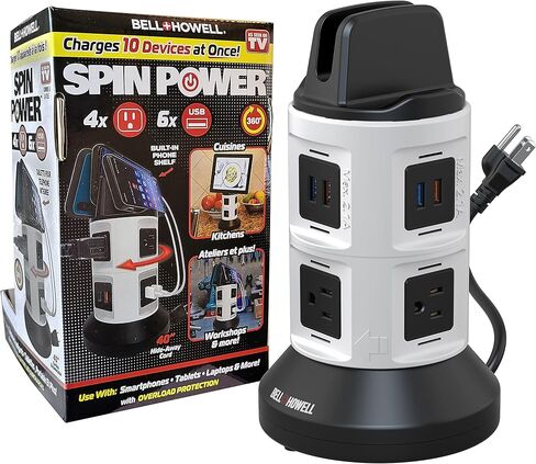 Bell+Howell Spin Power Strip Tower Surge Protector - 4 Outlets, 6 USB Ports, 40" Retractable Cord, 360° Rotation | Electric Charging Station with Built-in Phone & Tablet Holder | USB Outlet Extender in Saudi Arabia