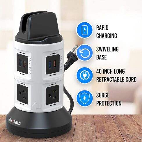 Bell+Howell Spin Power Strip Tower Surge Protector - 4 Outlets, 6 USB Ports, 40" Retractable Cord, 360° Rotation | Electric Charging Station with Built-in Phone & Tablet Holder | USB Outlet Extender in Saudi Arabia