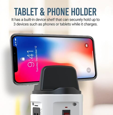 Bell+Howell Spin Power Strip Tower Surge Protector - 4 Outlets, 6 USB Ports, 40" Retractable Cord, 360° Rotation | Electric Charging Station with Built-in Phone & Tablet Holder | USB Outlet Extender in Saudi Arabia