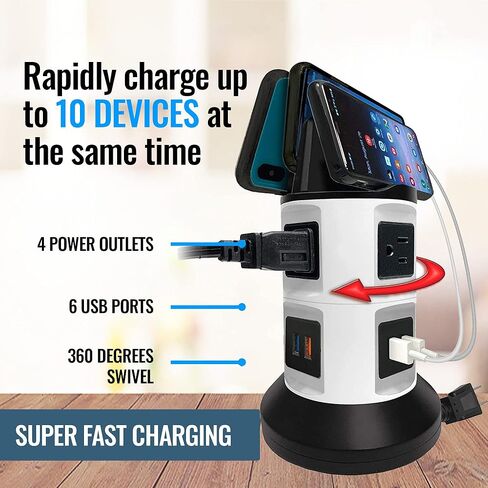Bell+Howell Spin Power Strip Tower Surge Protector - 4 Outlets, 6 USB Ports, 40" Retractable Cord, 360° Rotation | Electric Charging Station with Built-in Phone & Tablet Holder | USB Outlet Extender in Saudi Arabia
