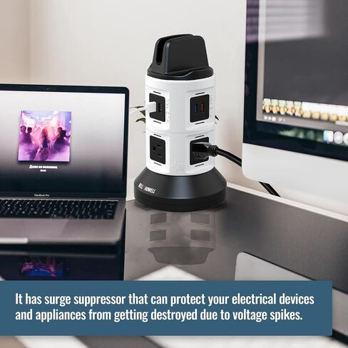 Bell+Howell Spin Power Strip Tower Surge Protector - 4 Outlets, 6 USB Ports, 40" Retractable Cord, 360° Rotation | Electric Charging Station with Built-in Phone & Tablet Holder | USB Outlet Extender in Saudi Arabia