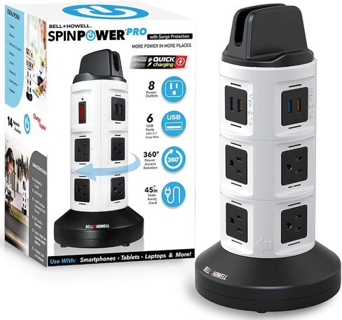 Spin Power Deluxe من Bell+Howell Power Strip Tower مع جهاز حماية من زيادة التيار، محطة شحن كهربائية، منفذ USB، شريط طاقة موسع، 8 منافذ، 6 منافذ USB، سلك قابل للسحب 45 بوصة، تصميم دوار 360 درجة in Kuwait