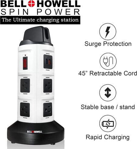 Spin Power Deluxe من Bell+Howell Power Strip Tower مع جهاز حماية من زيادة التيار، محطة شحن كهربائية، منفذ USB، شريط طاقة موسع، 8 منافذ، 6 منافذ USB، سلك قابل للسحب 45 بوصة، تصميم دوار 360 درجة in Kuwait